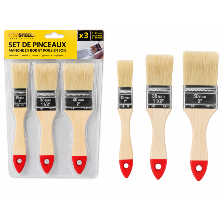 PINCEAUX AVEC MANCHE EN BOIS ET POILS EN SOIE X3PCS